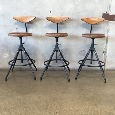 Set of Three Akron Counter Stools w/ Stitched Leather Seat