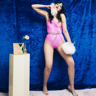 1990s OMO Norma Kamali pink one shoulder bathing suit
