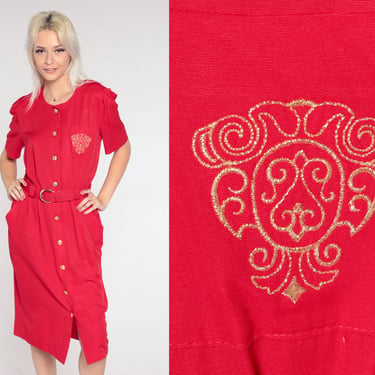 Red Midi Dress 90s Crest Button Up Dress Belted Pocket 80s Shirtdress Sheath Dress 1990s Short Puff Sleeve Vintage Small Medium Petites 