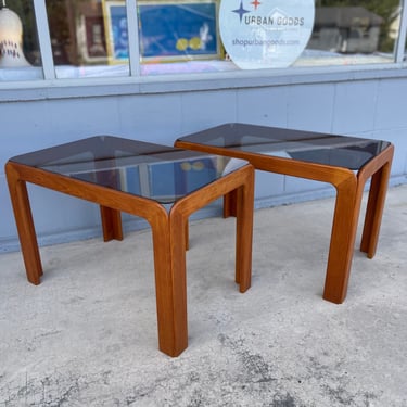 Mid Century Rectangular Teak &amp; Smoked Glass Side Tables