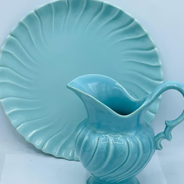 VINTAGE | Franciscan Pottery Coronado Aqua Matte Swirl Water Pitcher and Chop Platter| 1930s | 32 oz 