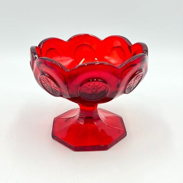 Vintage Fostoria Glass Ruby Red Coin Pedestal Bowl, Dots, Eagles, Coins, Scalloped Edge Footed Compote Dish, Vintage Glassware 