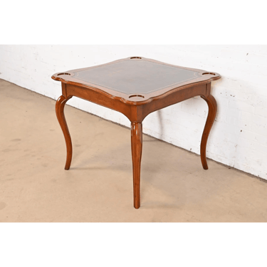 Baker Furniture French Provincial Louis XV Carved Cherry Wood Leather Top Game Table, Circa 1960s