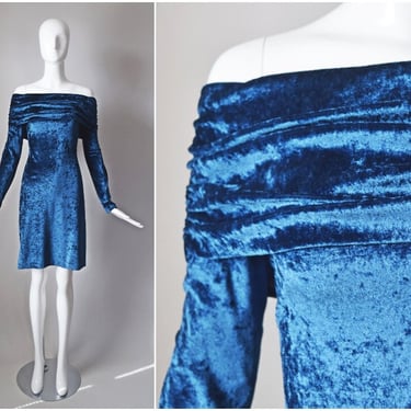 vtg 90s Styleworks blue crushed velvet off shoulder long sleeve stretch dress | 1990s | size Large L dress | bodycon holiday party dress 