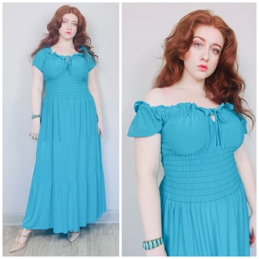 Y2K Microfiber Teal / Turquoise Peasant Dress / Vintage Elastic Smocked Waist Tiered Maxi Dess / Medium - XL 