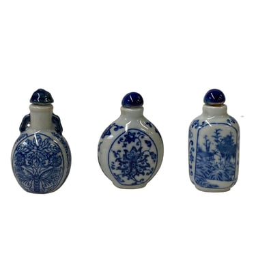 3 x Chinese Porcelain Snuff Bottle With Blue White Flower Graphic ws2455E 