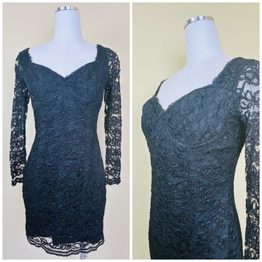 1990s Vintage Moda Int'l Black Lace Bustier Dress / 90s Rayon / Acetate Sheer Sleeve Body Con Party Dress / Medium 