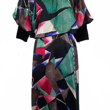 Chloe 80s Silk Print Dress with Velvet Trim