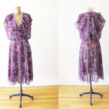 70s Semi Sheer Purple Floral Dress S M - Vintage 1970s Flower Print Sundress - Bohemian Summer Midi Sundress 