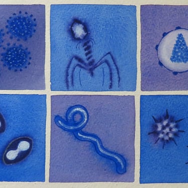 Viruses in Purple and Blue  - original watercolor painting - microbiology art 