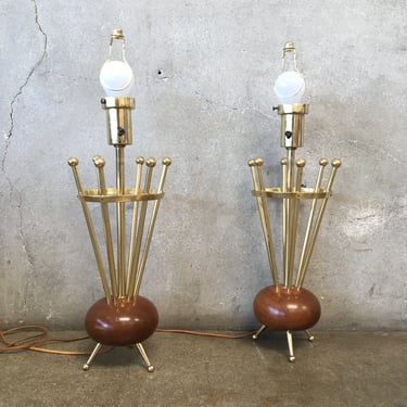 Mid Century Walnut &amp; Brass Lamps by Laurel