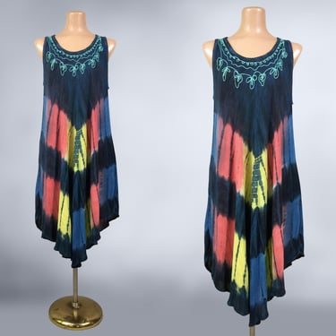 VINTAGE 90s Butterfly Tie Dye Indian Rayon Trapeze Dress OSFM | 1990s Mini Caftan Full Boho Festival Tank Sundress | VFG 