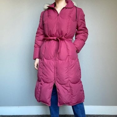 Vintage Women’s Canadian Garment Goose Down Red Puffer Ski Quilted Long Coat Fur Trim Sz M 