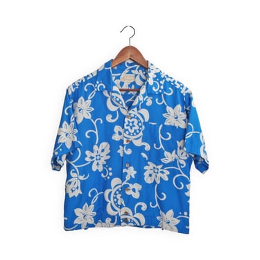 vintage aloha shirt / 50s Hawaiian shirt / 1950s Royal Hawaiian blue cotton loop collar cabana aloha shirt Medium 