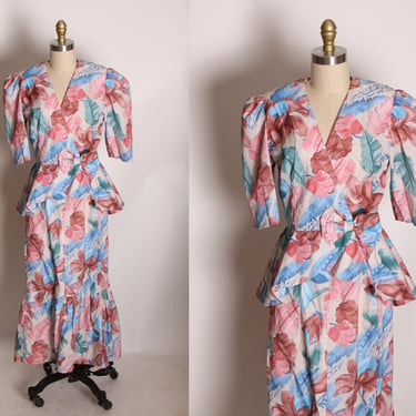 1980s Light Pink and Blue Floral Foliage Half Sleeve Peplum Blouse with Matching High Waisted Mermaid Hem Wiggle Skirt Skirt Suit Outfit -S 