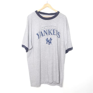 vintage 1990s New York YANKEES ringer gray and blue distressed vintage t-shirt Aaron Judge 90s faded t-shirt -- size X.L. - FREE shipping 