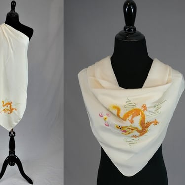 Vintage Dragon Embroidered Cream Silk Scarf - Orange Chinese Dragon - Happiness Made in China - Pure Silk - Large 32