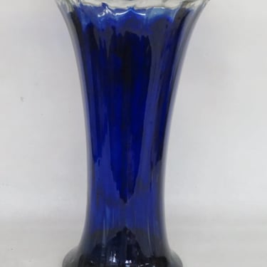 Murano Style Hand Blown Glass Cobalt Blue Clear Ruffled Rim Large Vase 3377B