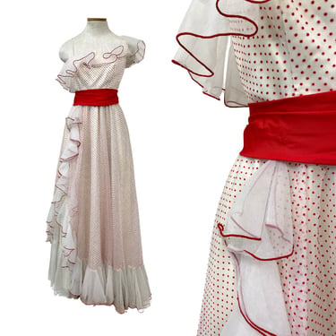 Vtg 70s 1970s Flocked Swiss Dot Red White Ruffle One Shoulder Maxi Party Dress 