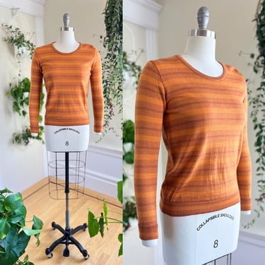 Vintage 1970s Sweater | 70s Knit Wool Burnt Orange Striped Long Sleeve Pullover Top (small/medium) 