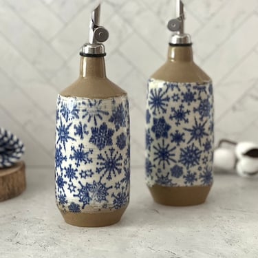 Winter décor, Large Ceramic oil bottle, snowflake Oil cruet, Christmas gift 
