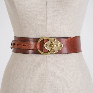Vintage 60s Etienne Aigner Hand Made Oiled Leather Belt w/ Brass Ring Latch Buckle | 100% Genuine Leather | 1960s Designer Bohemian Belt 