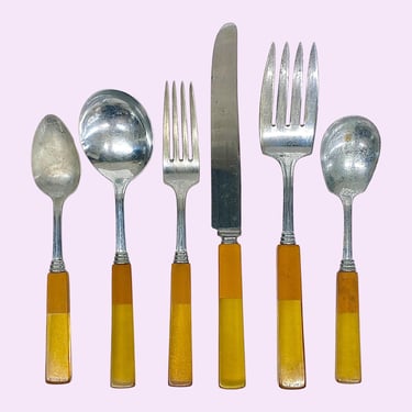 Vintage Silverware Set Retro 1940s Art Deco + Bakelite/Lucite Handles + Stainless Steel + 45 Piece Flatware Set + NEED POLISHING 