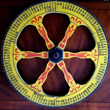 1930's H.C. Evans Polychrome St Genevieve's Elizabeth N.J. Mustard Gaming Wheel 