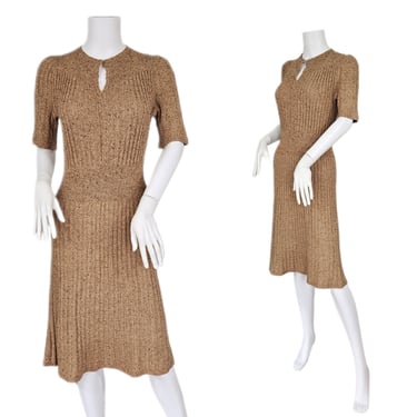 1940's/50's Tan Fleck Ramie Cotton Ribbed Knit Sweater Dress I Sz Sm 