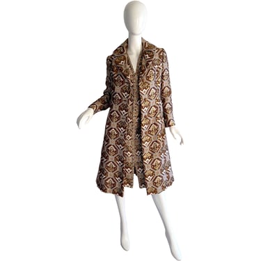 60s Carlye Gold Dress Set / Vintage Brocade Tapestry Coat / 1960s Rhinestone Metallic Dress Coat Suit Medium 