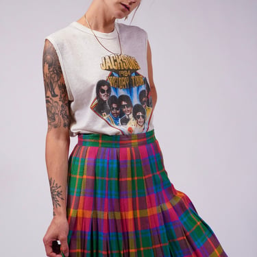 80s Pleated Plaid Skirt Vintage High Waisted Neon Colorful Rayon Plaid Skirt 