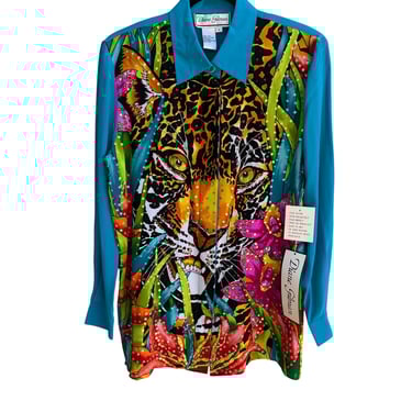 Diane Gilman Silk Leopard Print Button-Up Sequins Turquoise Accents Blouse New S