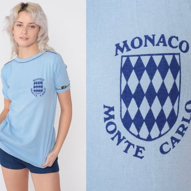Monaco T-Shirt 80s Ringer Tee Monte Carlo Casino Graphic Tshirt Tourist Travel Souvenir T Shirt Blue Single Stitch Vintage 1980s Small S 