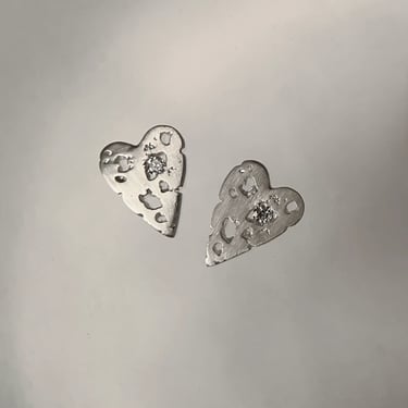 Mini Shadow Heart Post Earrings - Silver + Diamond