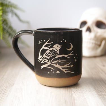 Crow Mug - bird of death and rebirth Farmhouse Style engraved rustic pottery 