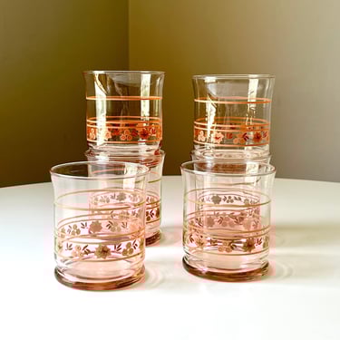 Vintage Pale Pink Short Glasses with an Intricate Pink Flower Pattern (Set of 6) 