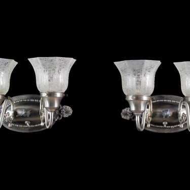 Pair of Victorian Steel 2 Arm Etched Glass Shades Wall Sconces