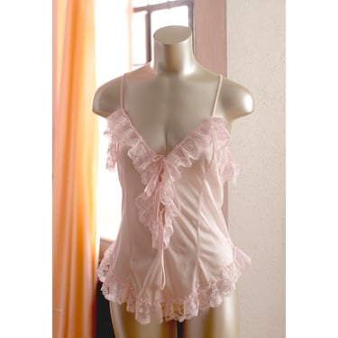 Vintage Pink Tie-Front Lingerie Top - 1980s, 1990s - Ruffles - Sheer - Vintage Lingerie - Coquette, Victorian 