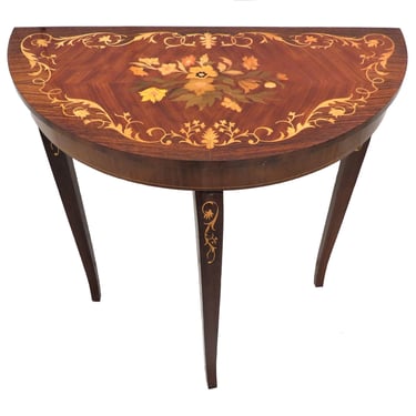 Small Side Table | Italian Inlaid Wood Half Moon Accent Table With Lift Top Music Box 
