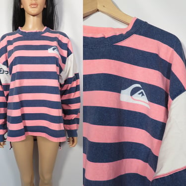 Vintage 90s Quicksilver Oversized Faded Neon Pink And Navy Blue Striped Long Sleeve Logo Tee Made In USA Size L 