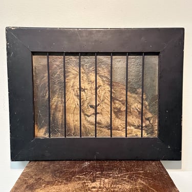 Antique Shop of the Crafters Print of Two Lions at Rest Behind Wood Cage Frame - Early 1900s Gambling Association - Underground Artwork 