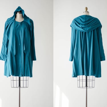 hooded green jacket | 80s 90s plus size vintage teal green blue dramatic cowl shawl collar cottagecore loose oversized swing coat 