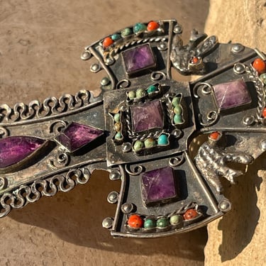 Vintage Mexican Matl Style Sterling Silver and Amethyst Large Cross Pendant Necklace c. 1940s 