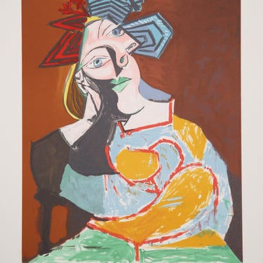 Femme Accoudee au Drapeau Bleu et Rouge, Pablo Picasso (After), Marina Picasso Estate Lithograph Collection 