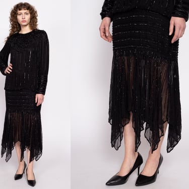 80s Does 20s Black Silk Beaded Flapper Dress, As Is - Small | Vintage Drop Waist Long Sleeve Scarf Hem Maxi Dress 