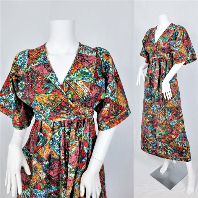 1970's Stained Glass Pattern Cotton Batik Long Maxi Caftan Dress I Sz Sm I Berkleigh Jrs 