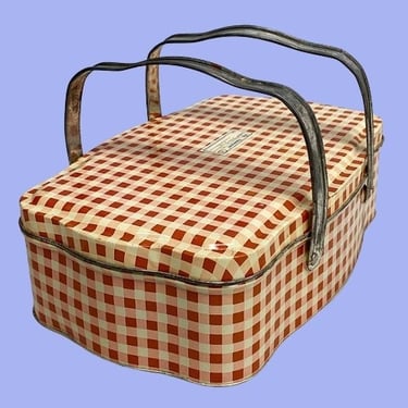 Vintage Lunch Box Retro 1960s Tin Metal + Red + Pink + White + Gingham Print + Top Handles + MCM Food or Candy Storage + Made in Italy 