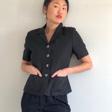 90s linen short sleeve blazer / vintage cropped petite black linen blazer | Small 