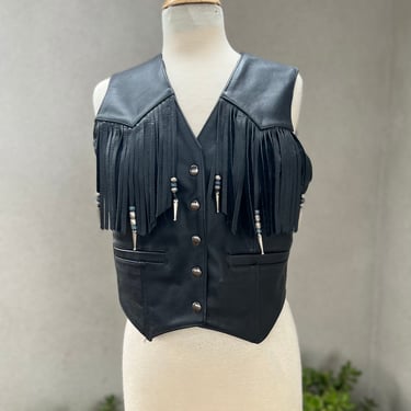 Vintage boho biker black leather vest fringe tassels Sz S/M by San Diego Leather Jacket Factory 