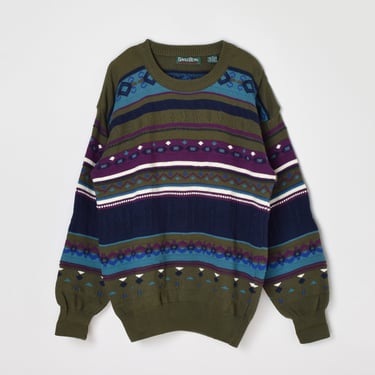 Vintage 90s Dark Green, Blue & Purple Knit Sweater - striped, cotton knit - Men's M 